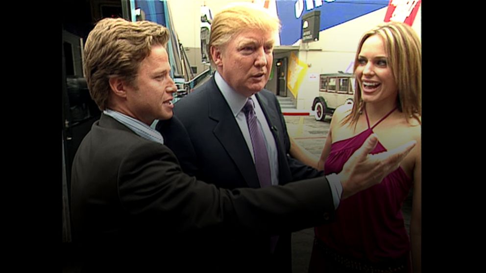 This still grab from a 2005 video shows Donald Trump, center, accompanied by "Access Hollywood" host Billy Bush, left, to the set of the soap opera "Days of Our Lives" with actress Arianne Zucker for an appearance on the show. 