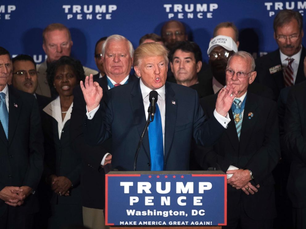 PHOTO: Donald Trump states that he believes President Obama was born in the United States, during a campaign event with veterans at the Trump International Hotel on Pennsylvania Ave., NW, Sept. 16, 2016.
