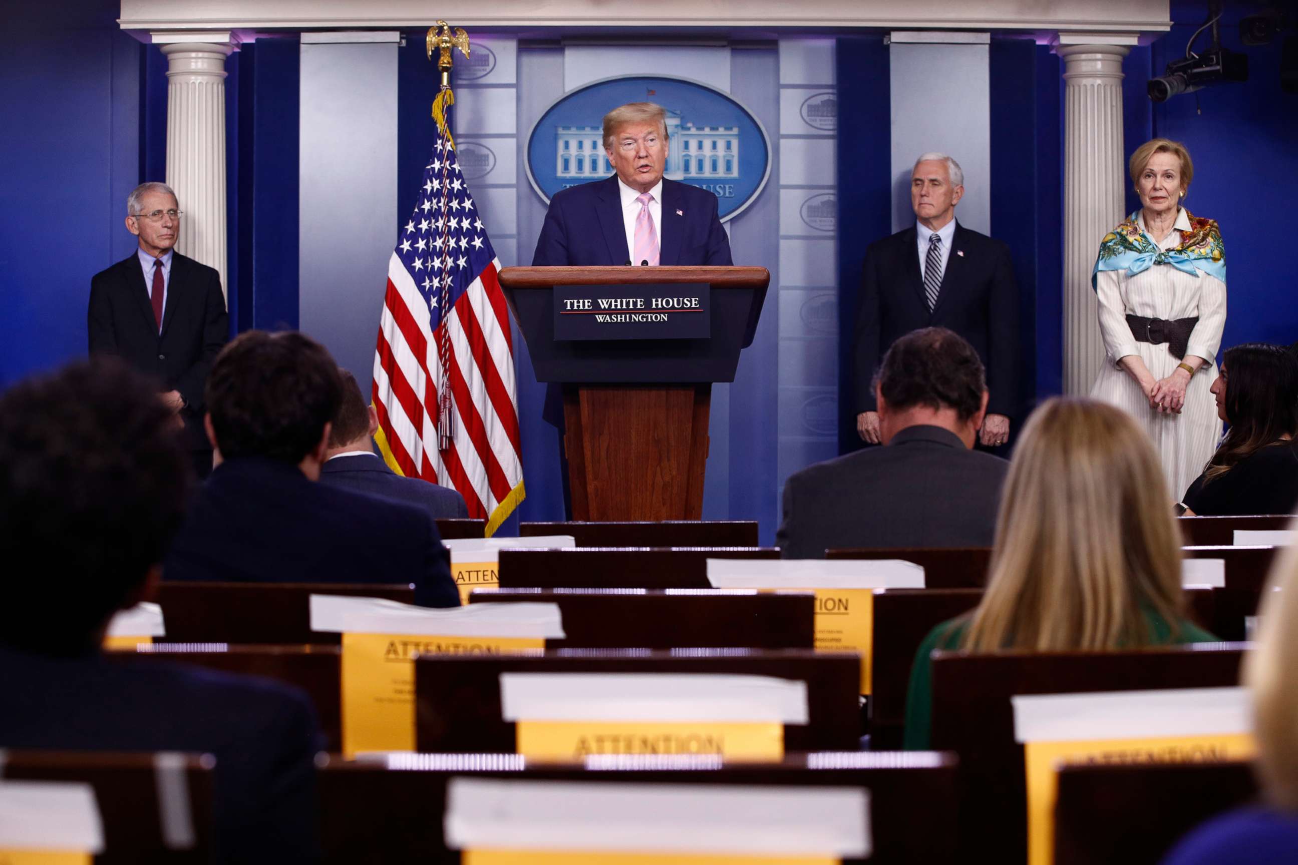 PHOTO: In this April 4, 2020, file photo, President Donald Trump speaks during a coronavirus task force briefing at the White House, in Washington.