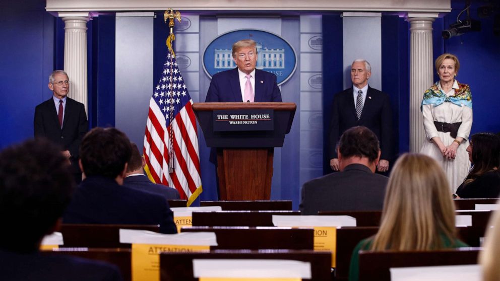 PHOTO: In this April 4, 2020, file photo, President Donald Trump speaks during a coronavirus task force briefing at the White House, in Washington.