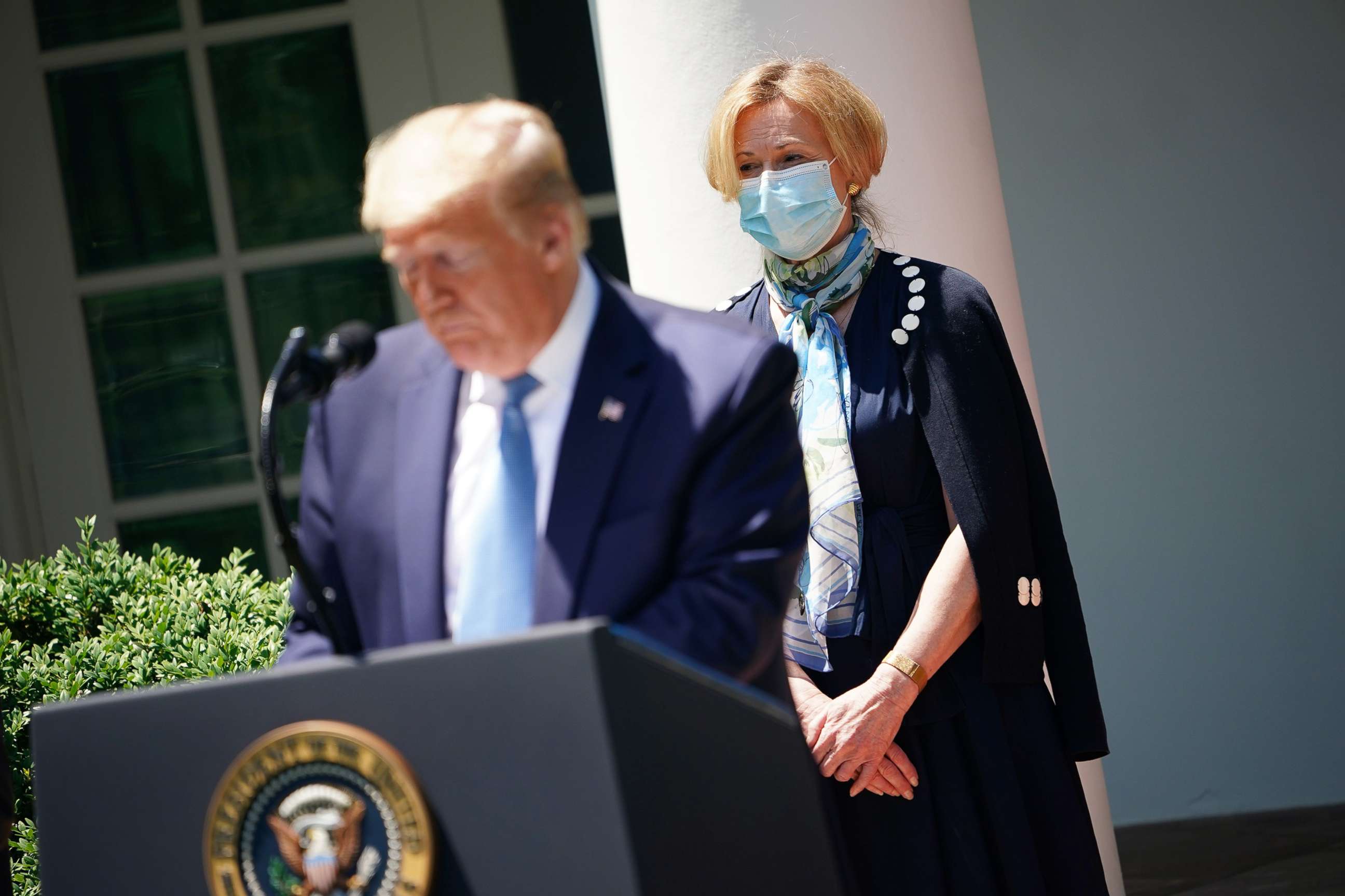 PHOTO: President Donald Trump, with Response coordinator for White House Coronavirus Task Force Deborah Birx, speaks on vaccine development, May 15, 2020, in the Rose Garden of the White House.