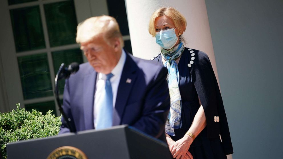 PHOTO: President Donald Trump, with Response coordinator for White House Coronavirus Task Force Deborah Birx, speaks on vaccine development, May 15, 2020, in the Rose Garden of the White House.