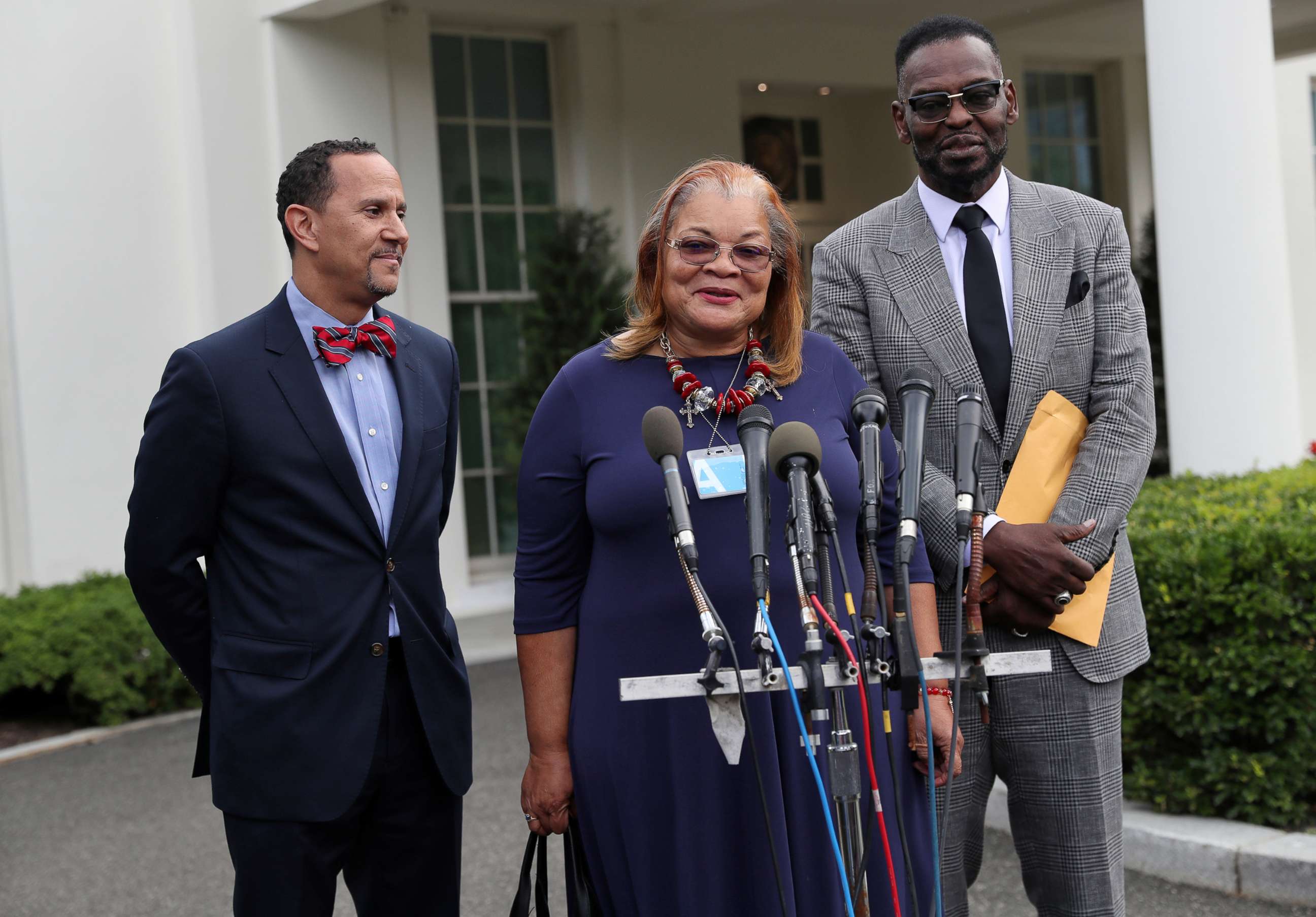 PHOTO: From left, Rev. Dean Nelson, Alveda King and Bishop Harry Jackson speak to the news media after meeting with President Donald Trump and "Inner City Pastors" at the White House in Washington, D.c., July 29, 2019.