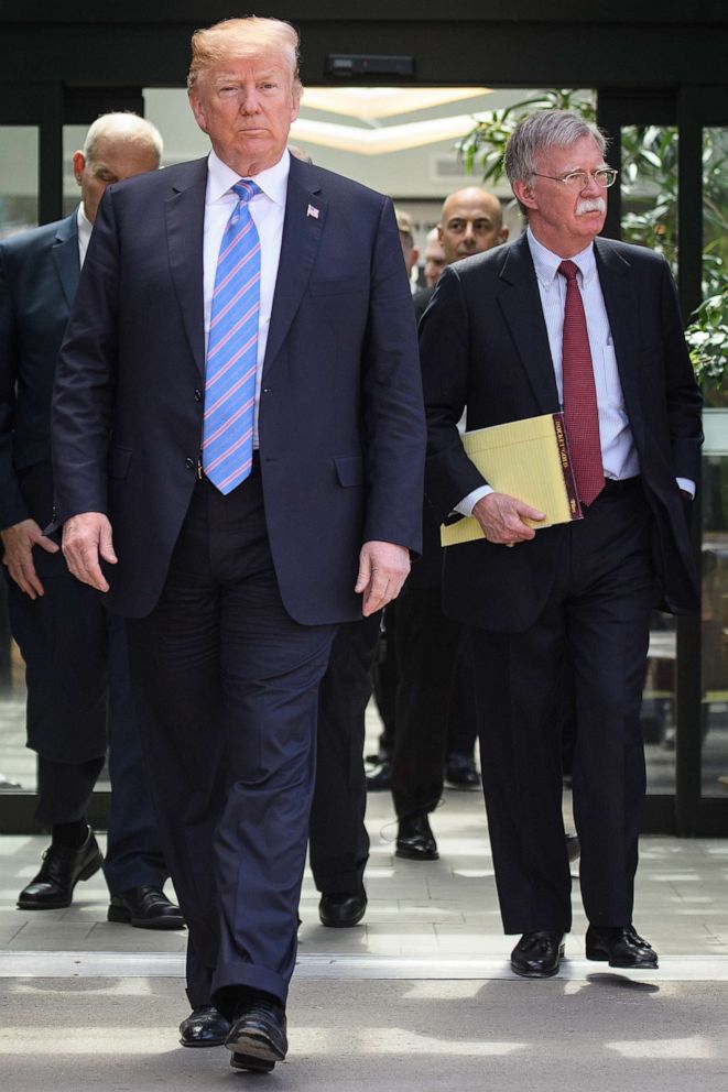 PHOTO: In this June 9, 2018, file photo, President Donald Trump leaves with National Security Advisor John Bolton after holding a press conference ahead of his early departure from the G7 Summit in La Malbaie, Canada.