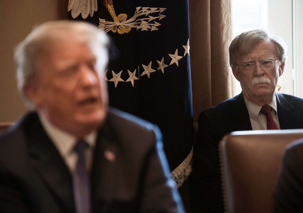 PHOTO: New National Security Adviser John Bolton, right, listens to President Donald Trump speak during a cabinet meeting at the White House in Washington, D.C., on April 9, 2018.