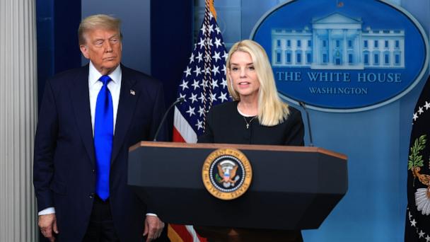 Attorney General Pam Bondi, joined by President Donald Trump, speaks on recent Supreme Court rulings in the briefing room at the White House on June 27, 2025 in Washington, DC.