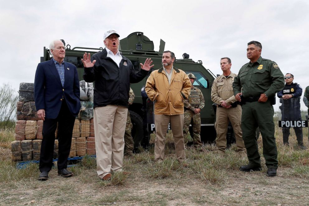 PHOTO: President Donald Trump speaks to reporters along the banks of the Rio Grande River during a visit to the U.S.-Mexico border with Sen. John Cornyn, Sen. Ted Cruz and U.S. Customs and Border Patrol agents, Jan. 10, 2019, in Mission, Texas.