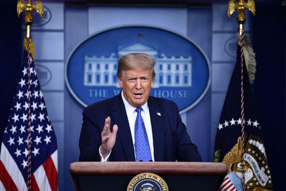 PHOTO: President Donald Trump speaks to the press during the renewed briefing of the Coronavirus Task Force in the Brady Briefing Room of the White House in Washington, on July 22, 2020.