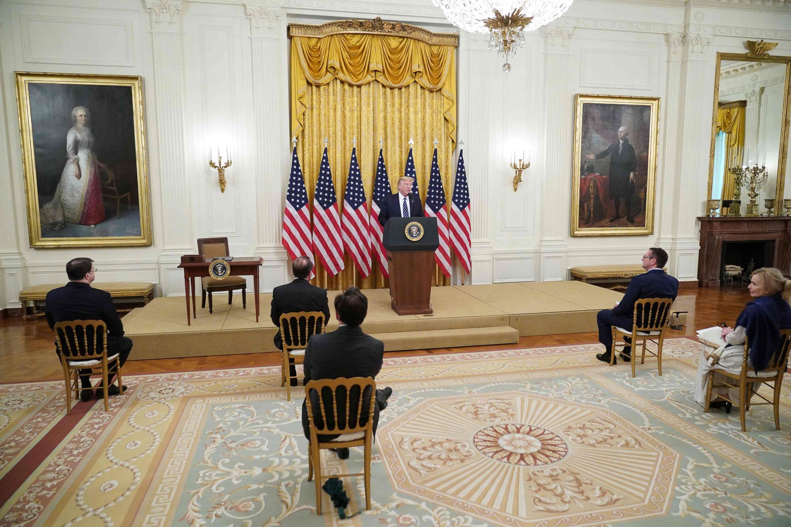 PHOTO: President Donald Trump speaks on protecting Americas seniors from the COVID-19 pandemic in the East Room of the White House in Washington, April 30, 2020.