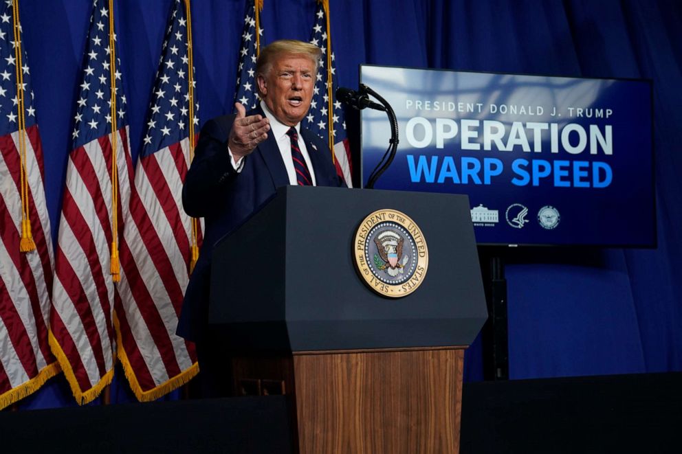PHOTO: President Donald Trump speaks during a coronavirus briefing at Bioprocess Innovation Center at Fujifilm Diosynth Biotechnologies, Monday, July 27, 2020, in Morrisville, N.C.