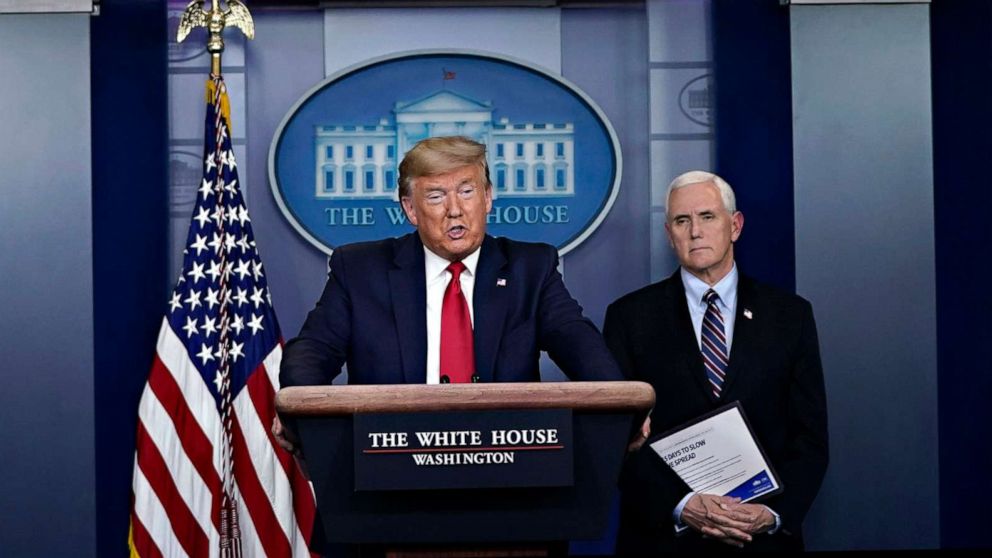 PHOTO: President Donald Trump speaks during a briefing on the coronavirus pandemic in the White House, on March 26, 2020.