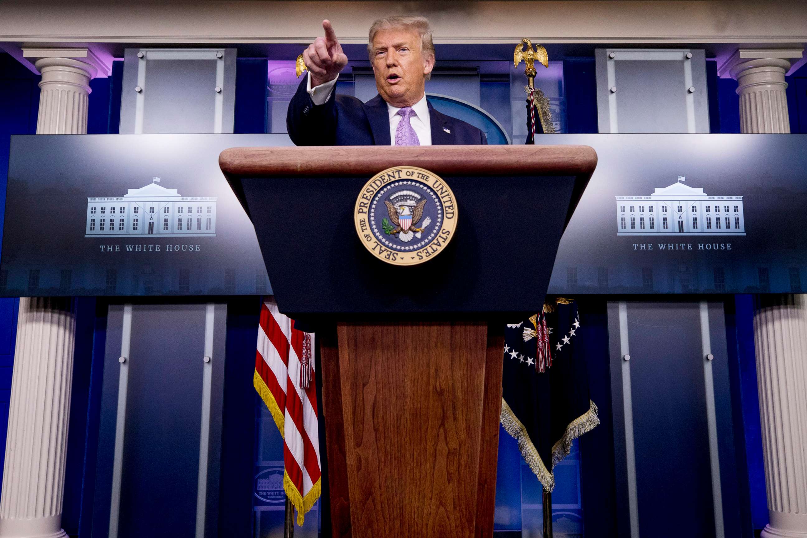 PHOTO: President Donald Trump calls on a reporter during a briefing in the James Brady Press Briefing Room of the White House, Aug. 5, 2020.