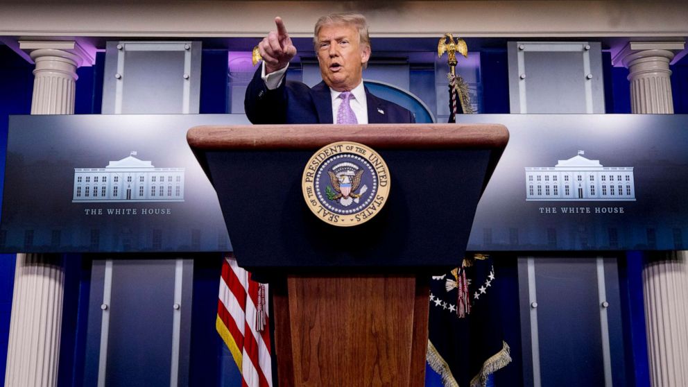 PHOTO: President Donald Trump calls on a reporter during a briefing in the James Brady Press Briefing Room of the White House, Aug. 5, 2020.