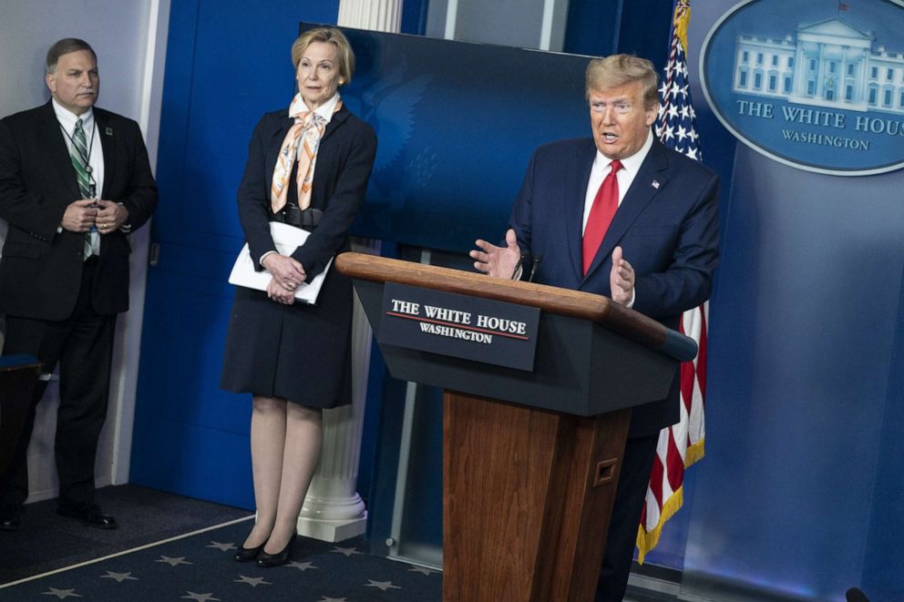 PHOTO: President Donald Trump delivers remarks during a press briefing with White House coronavirus response coordinator Dr. Deborah Birx, on April 18, 2020, in Washington, D.C.