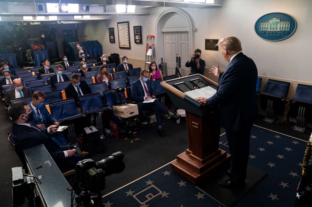 PHOTO: President Donald Trump arrives for a news conference at the White House, Wednesday, July 22, 2020, in Washington.