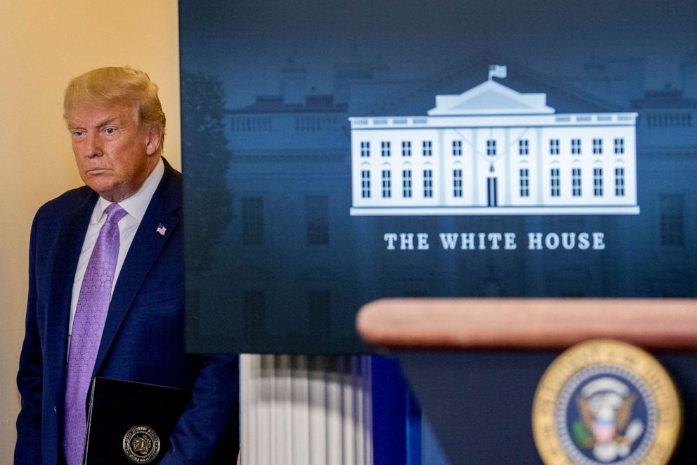 PHOTO: President Donald Trump arrives for a briefing in the James Brady Press Briefing Room of the White House, Wednesday, Aug. 5, 2020 in Washington.