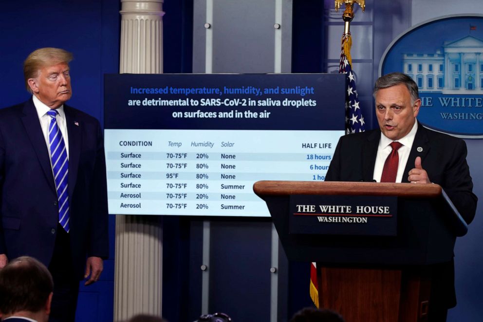 PHOTO: President Donald Trump listens as Bill Bryan, head of science and technology at the Department of Homeland Security, speaks about the coronavirus in the James Brady Press Briefing Room of the White House, April 23, 2020, in Washington.