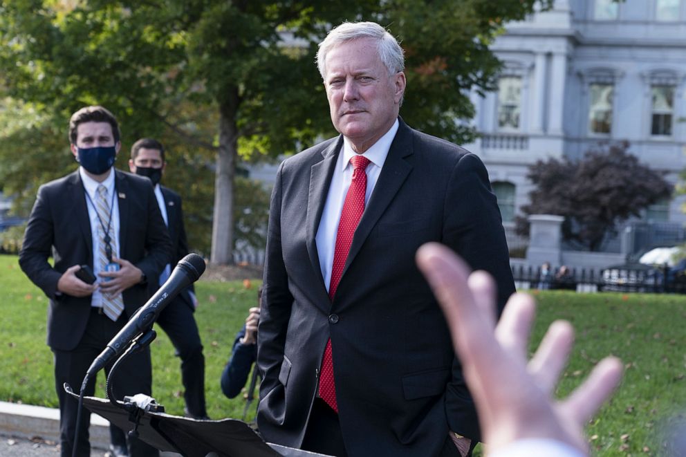 PHOTO: Mark Meadows, White House chief of staff, listens to a question from a member of the media outside of the White House, Oct. 21, 2020.