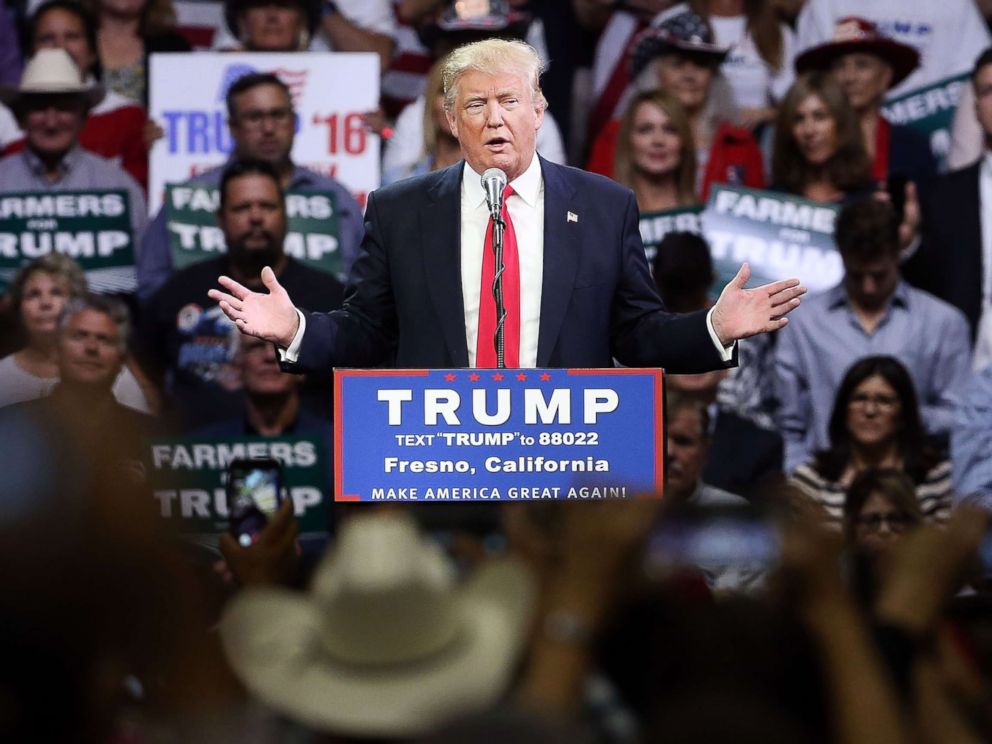 PHOTO: In this file photo, presumptive Republican presidential candidate Donald Trump speaks at a rally on May 27, 2016 in Fresno, Calif.