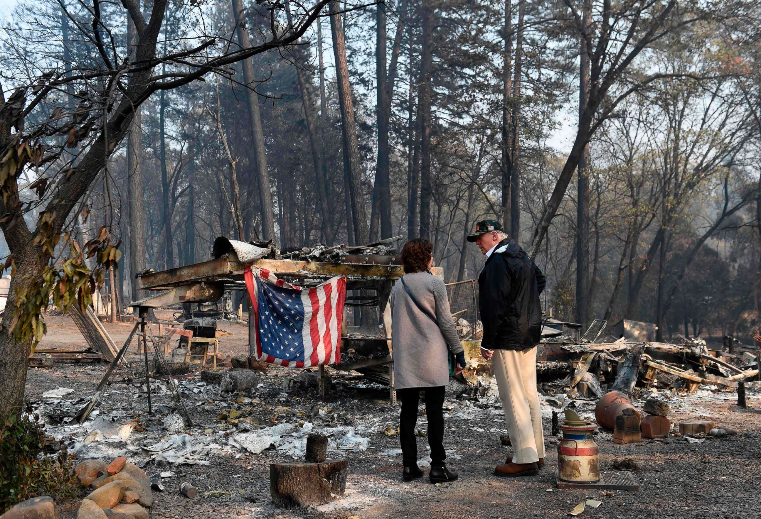 PHOTO: President Donald Trump views damage from wildfires in Paradise, Calif., Nov. 17, 2018.