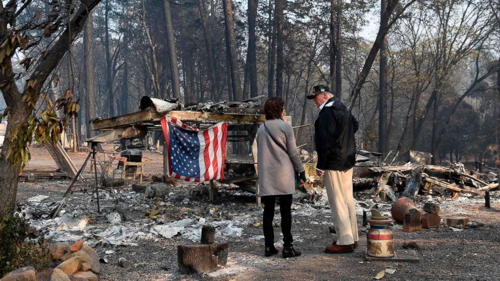 PHOTO: President Donald Trump views damage from wildfires in Paradise, Calif., Nov. 17, 2018.