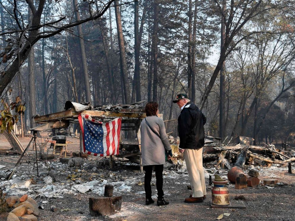 PHOTO: President Donald Trump views damage from wildfires in Paradise, Calif., Nov. 17, 2018.