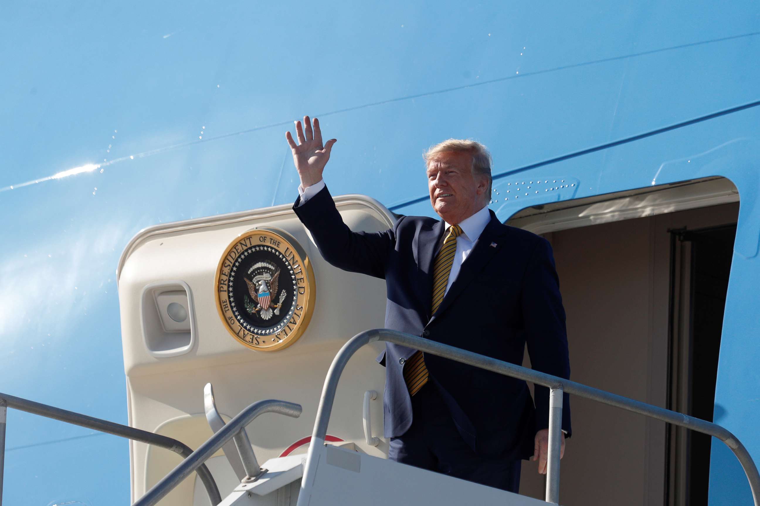 PHOTO: President Donald Trump disembarks from Air Force One at Los Angeles International Airport in Los Angeles, September 17, 2019.