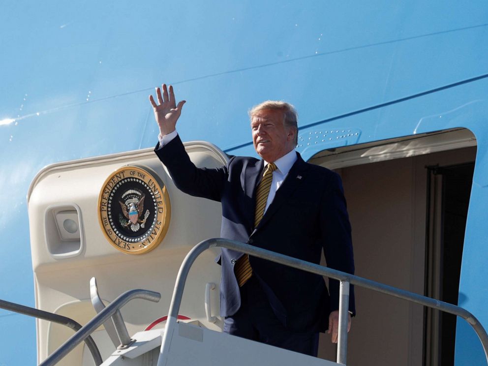 PHOTO: President Donald Trump disembarks from Air Force One at Los Angeles International Airport in Los Angeles, September 17, 2019.
