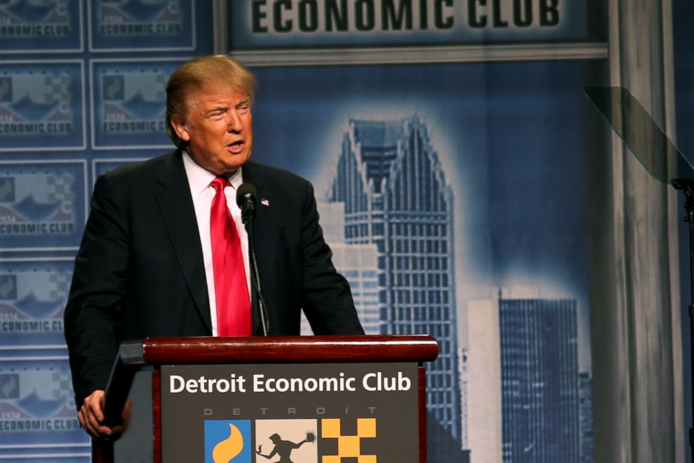 PHOTO: Donald Trump addresses the Detroit Economic Club at Cobo Center in Detroit, Michigan, Aug. 8, 2016.