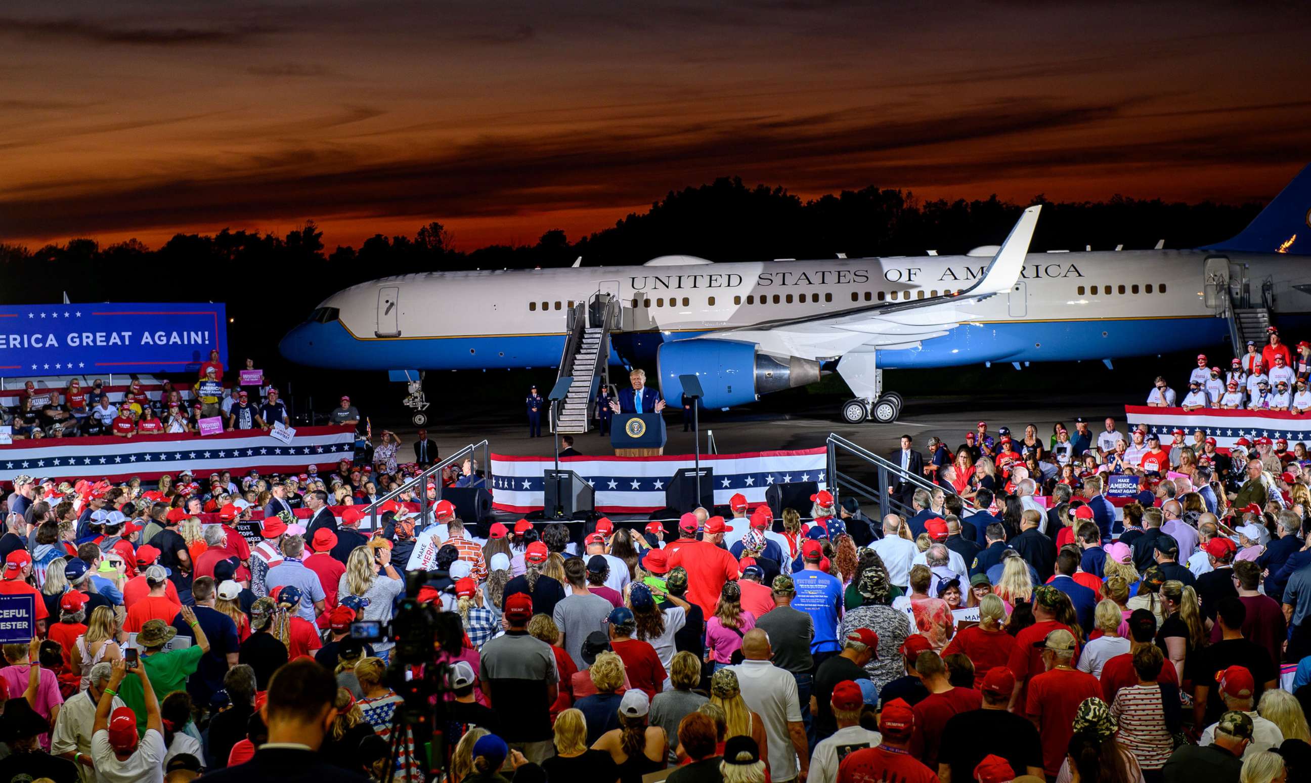 PHOTO: President Donald Trump speaks to supporters at a campaign rally at Arnold Palmer Regional Airport on Sept. 3, 2020, in Latrobe, Pa.