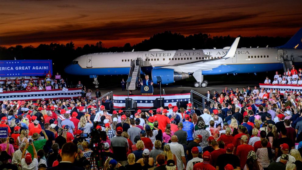 PHOTO: President Donald Trump speaks to supporters at a campaign rally at Arnold Palmer Regional Airport on Sept. 3, 2020, in Latrobe, Pa.