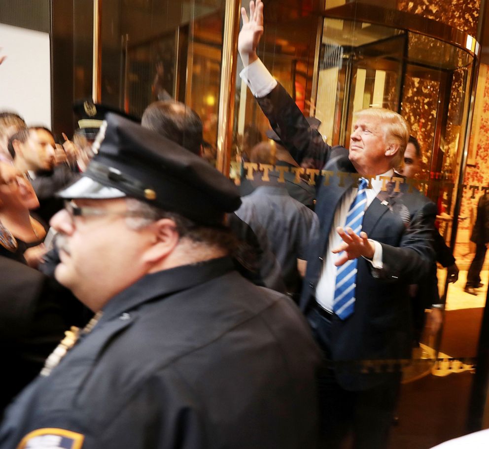 PHOTO: Donald Trump greets supporters  outside of Trump Towers in New York after a recording from 2005 revealed lewd comments Trump made about women, Oct. 16, 2016.