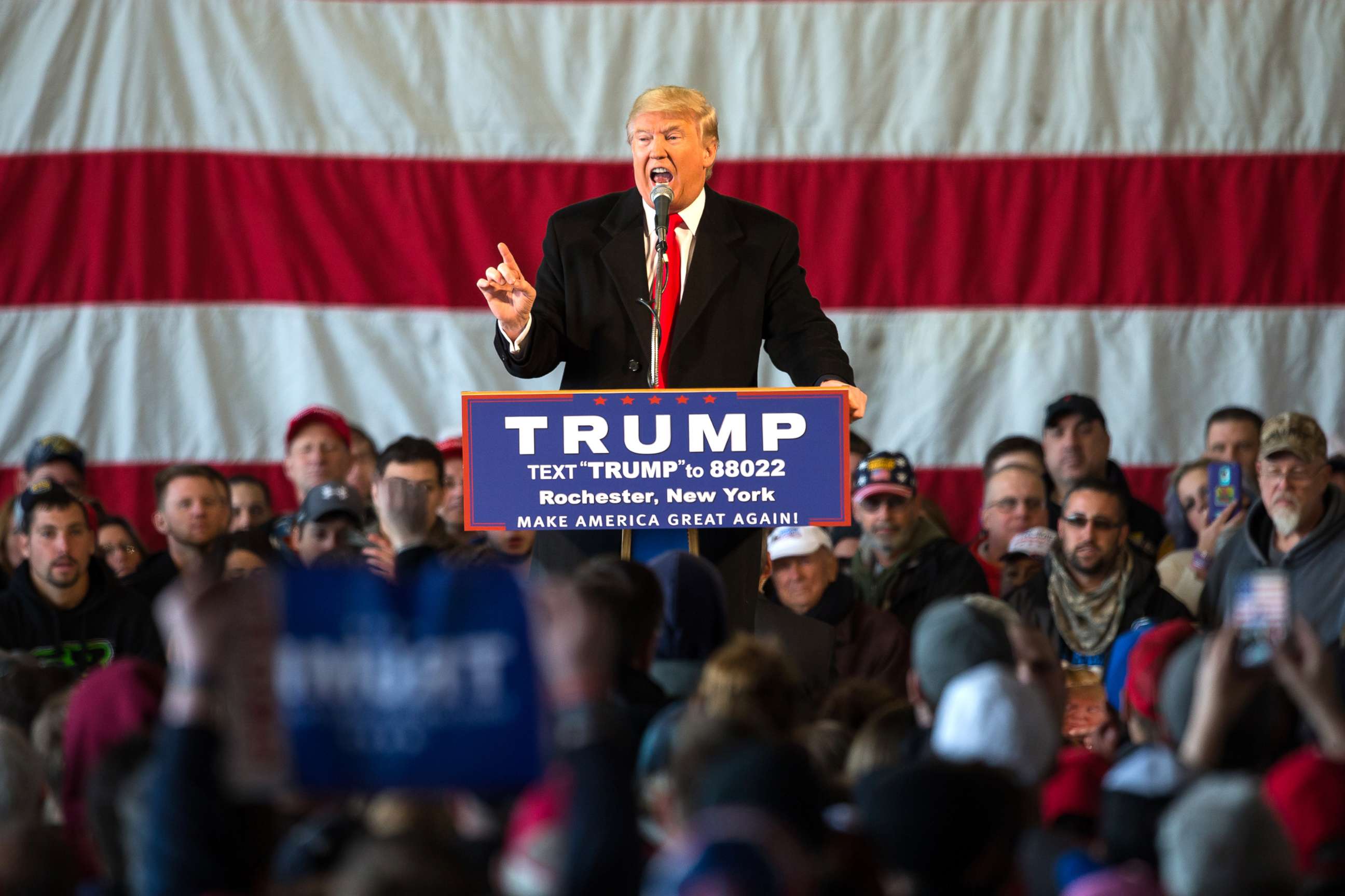 PHOTO: In this April 10, 2016, file photo, Presidential candidate Donald Trump speaks before a capacity crowd at a rally for his campaign, in Rochester, N.Y.