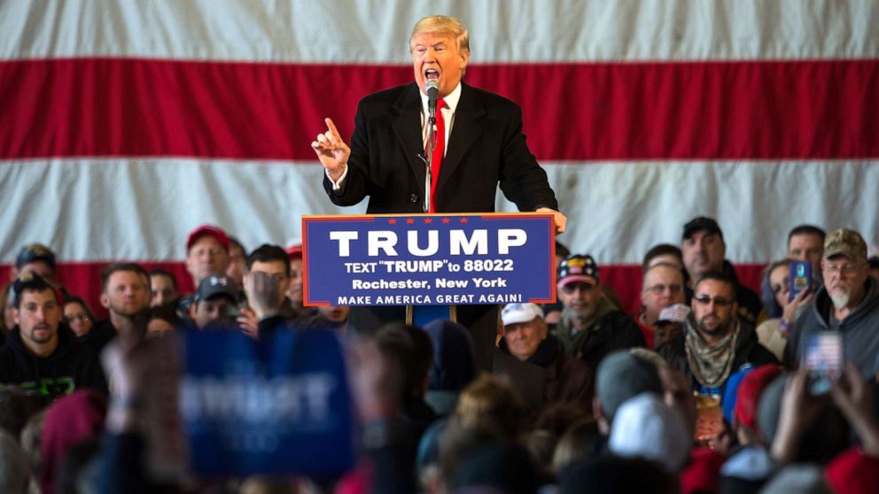 PHOTO: In this April 10, 2016, file photo, Presidential candidate Donald Trump speaks before a capacity crowd at a rally for his campaign, in Rochester, N.Y.