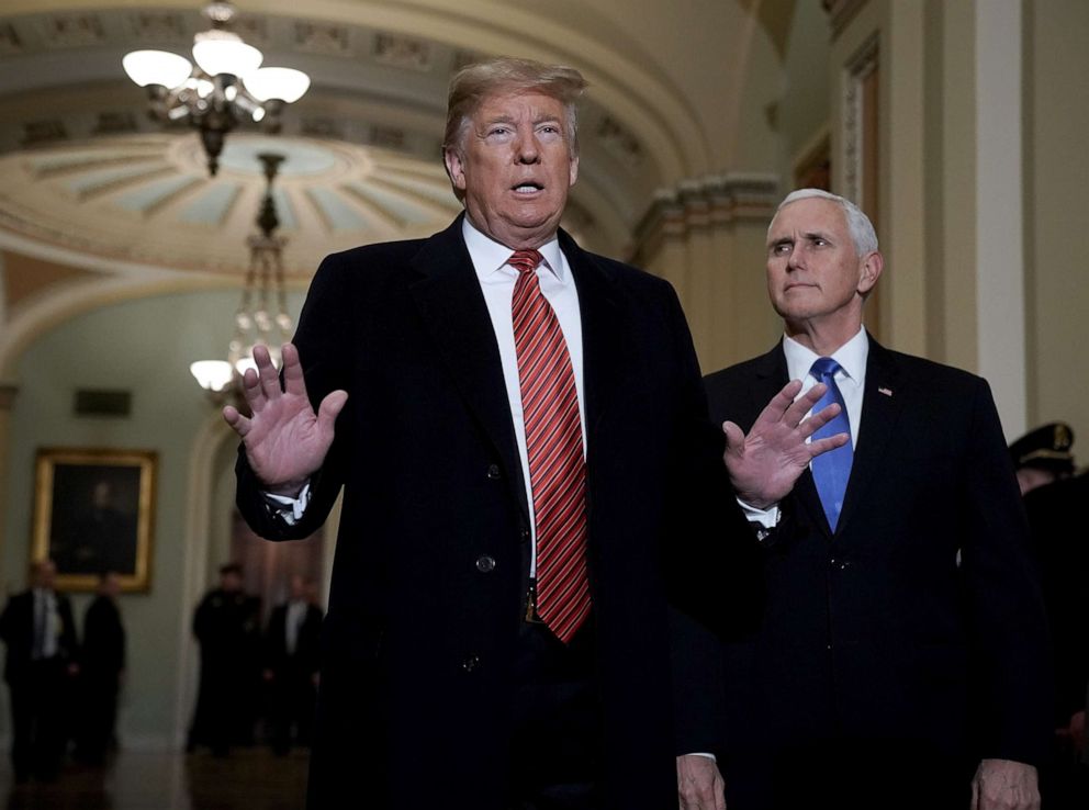 President Donald Trump and Vice President Mike Pence arrive at the Capitol to attend the weekly Republican Senate policy luncheon, Jan. 9, 2019.