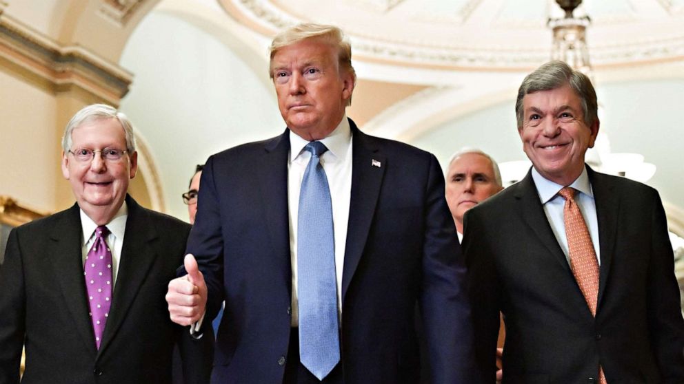 PHOTO: President Donald Trump gestures after arriving on Capitol Hill as Senate Majority leader Mitch McConnell, right, and Sen. Roy Blunt escort him, in Washington on March 10, 2020.