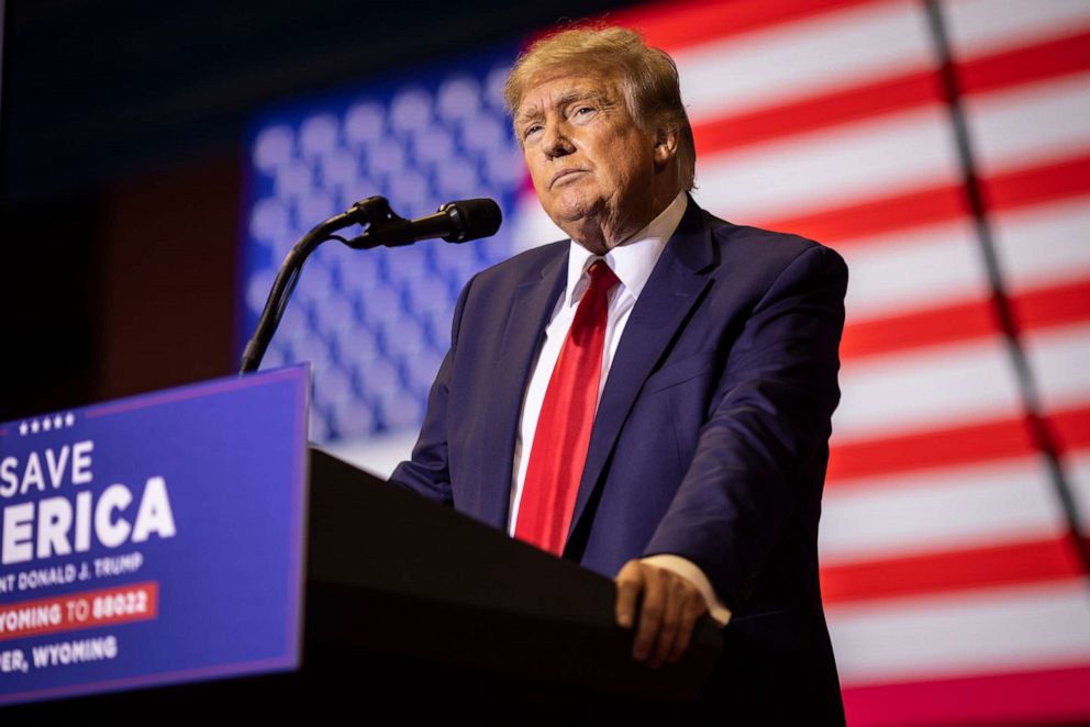 PHOTO: Former President Donald Trump speaks at a rally on May 28, 2022, in Casper, Wyoming.