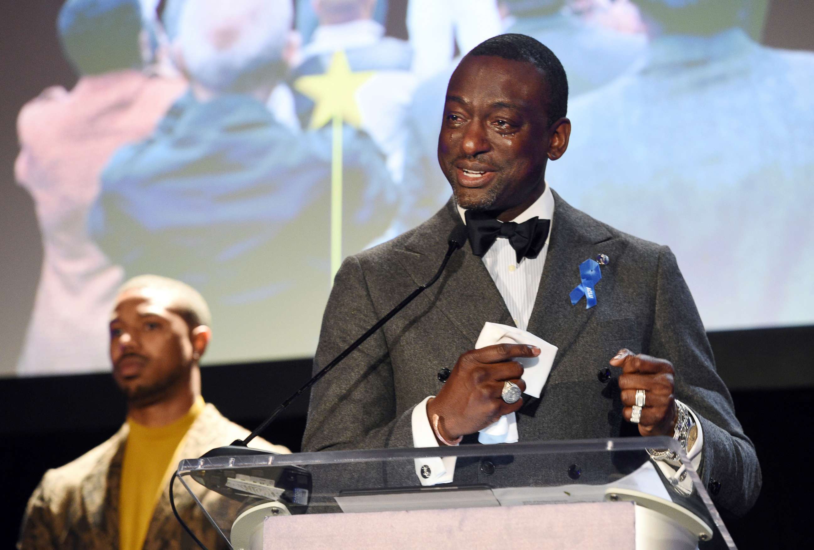 PHOTO: Yusef Salaam, right, addresses the audience as presenter Michael B. Jordan looks on during the ACLU SoCal's 25th Annual Luncheon on Friday, June 7, 2019, in Los Angeles.