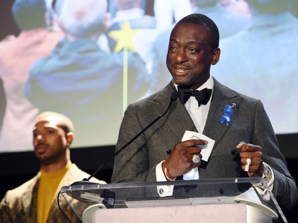 PHOTO: Yusef Salaam, right, addresses the audience as presenter Michael B. Jordan looks on during the ACLU SoCals 25th Annual Luncheon on Friday, June 7, 2019, in Los Angeles.