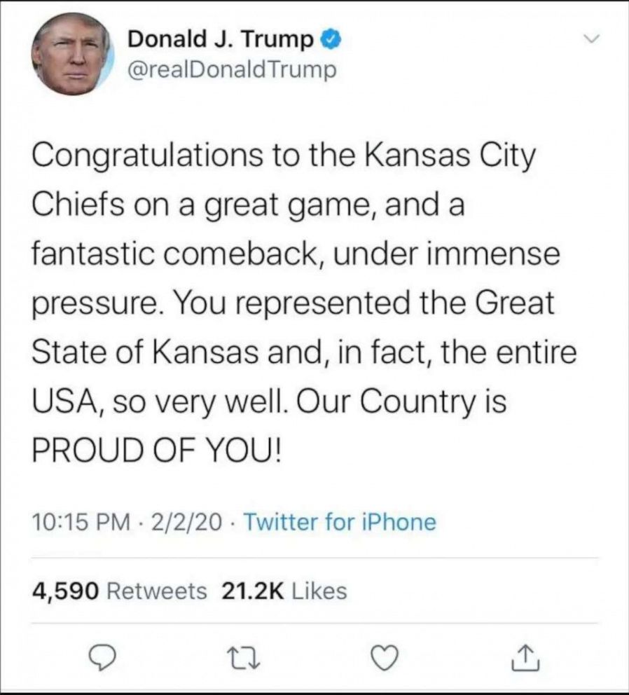 PHOTO: President Donald Trump deleted this tweet, shortly after and sent a new one with the correct state of Missouri, Feb. 2, 2020.