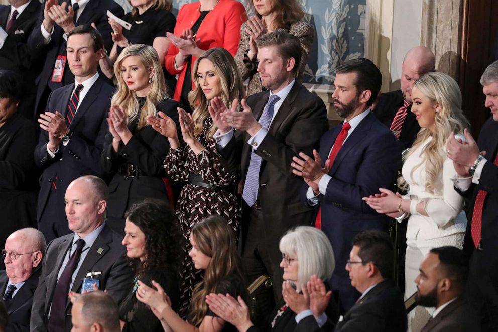 PHOTO: From left, Jared Kushner, Ivanka Trump, Laura Trump, Eric Trump,  Donald Trump Jr., and Tiffany Trump listen during President Donald Trump's State of the Union address on February 5, 2019 in Washington. 