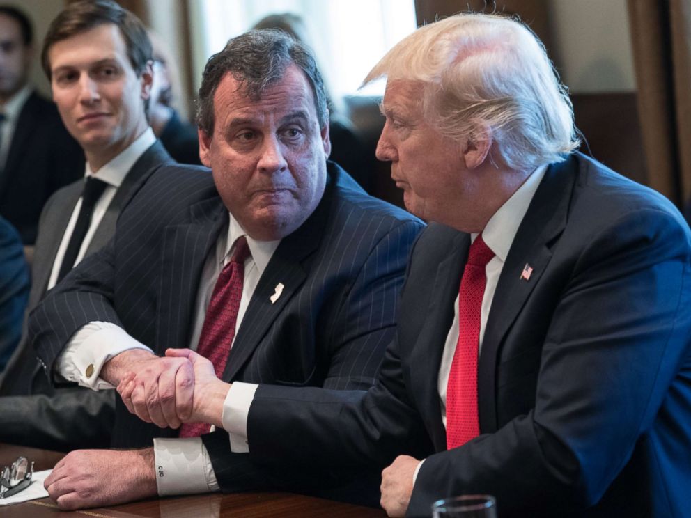 PHOTO: President Donald Trump, left, shakes hands with New Jersey Gov. Chris Christie at a panel discussion on an opioid and drug abuse in the Roosevelt Room of the White House March 29, 2017.