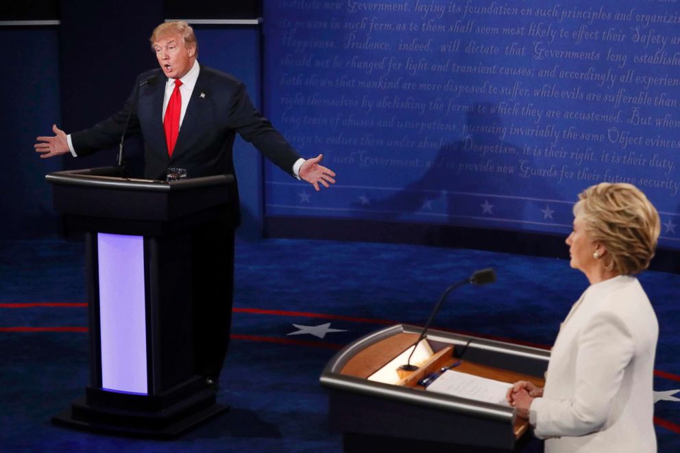 PHOTO: Republican U.S. presidential nominee Donald Trump speaks as Democratic U.S. presidential nominee Hillary Clinton listens during their third and final 2016 presidential campaign debate in Las Vegas, Oct. 19, 2016.   