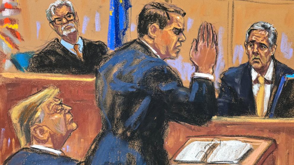 PHOTO: Michael Cohen is asked about taking an oath as he is cross-examined by defense lawyer Todd Blanche during former President Donald Trump's criminal trial in Manhattan state court in New York City, May 16, 2024 in this courtroom sketch.