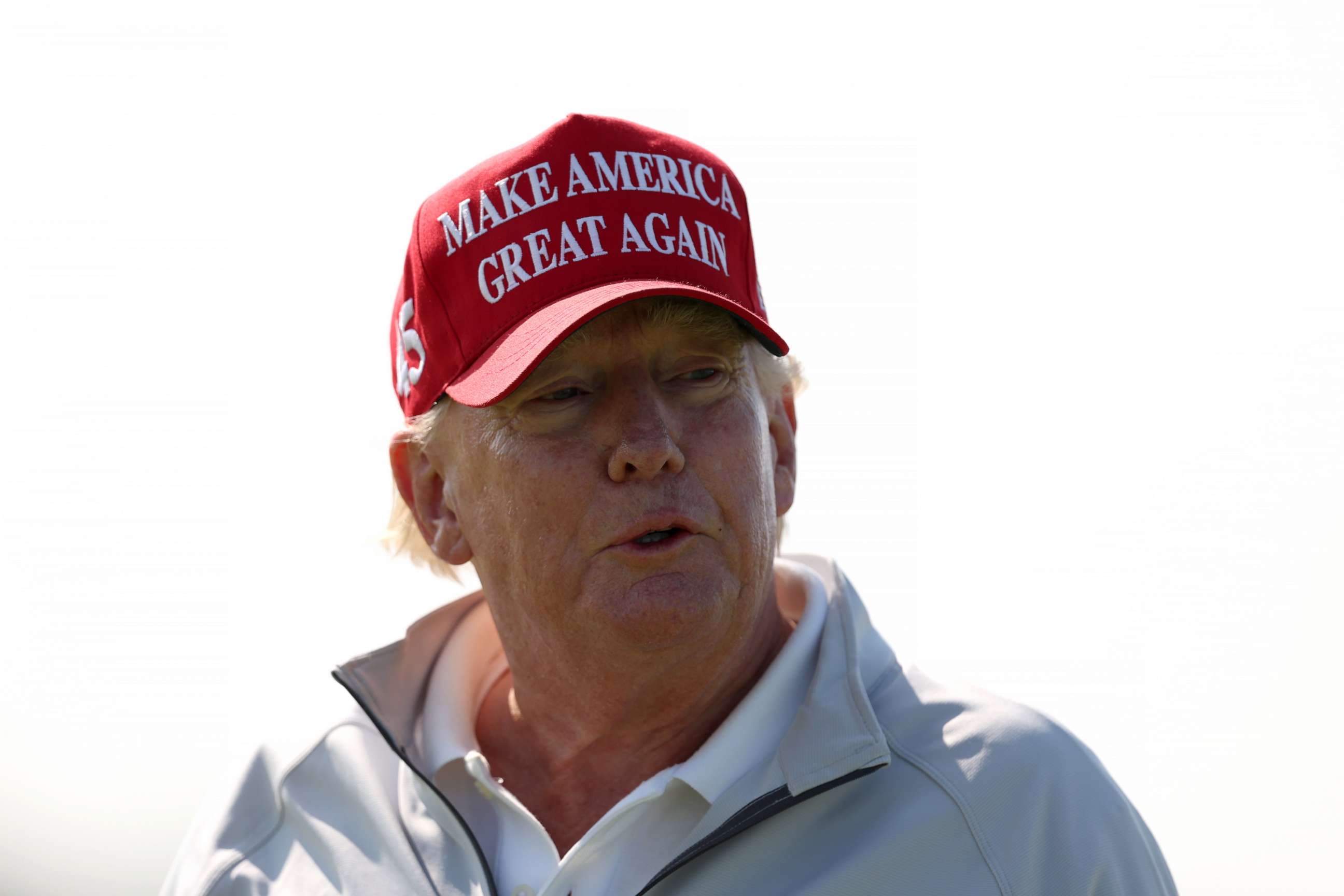 PHOTO: Former President Donald Trump looks on during the pro-am prior to the LIV Golf Invitational-DC at Trump National Golf Club on May 25, 2023, in Sterling, Va.