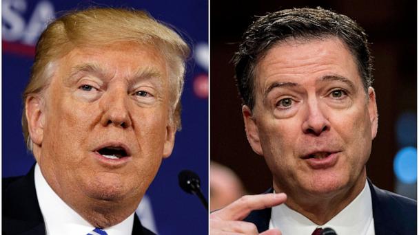 President Donald Trump speaking during a roundtable discussion on tax policy in White Sulphur Springs, W.Va., April 5, 2018, left, and former FBI director James Comey speaking during a Senate Intelligence Committee hearing on Capitol Hill in Washington, June 8, 2017.