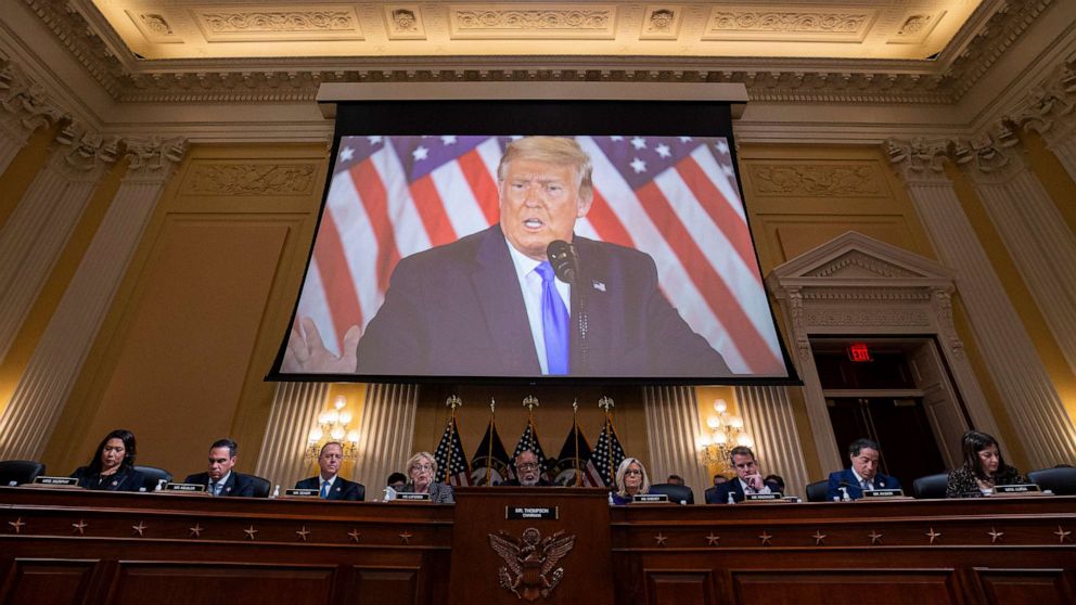 PHOTO: Former U.S. President Donald Trump is displayed on a screen during a meeting of the Select Committee to Investigate the January 6th Attack on the U.S. Capitol, Dec. 19, 2022 in Washington.