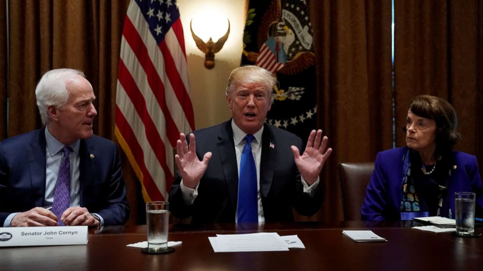 PHOTO: Flanked by Senators John Cornyn, R-TX, and Dianne Feinstein, D-CA, President Donald Trump meets with bi-partisan members of Congress to discuss school and community safety in the wake of the Florida school shootings in Washington, Feb. 28, 2018.