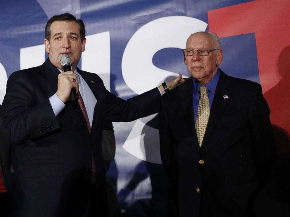 PHOTO: Sen. Ted Cruz, republican from Texas and 2016 presidential candidate,stands next to his father Rafael Cruz, during caucus night in Des Moines, Iowa,Feb. 1, 2016.