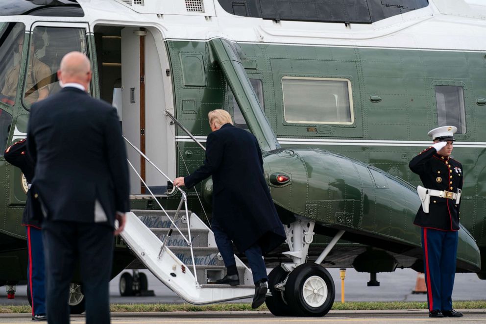 PHOTO: President Donald Trump boards Marine One to travel to a fundraiser at Trump National Golf Club in Bedminster, Thursday, Oct. 1, 2020, in Morristown, N.J.